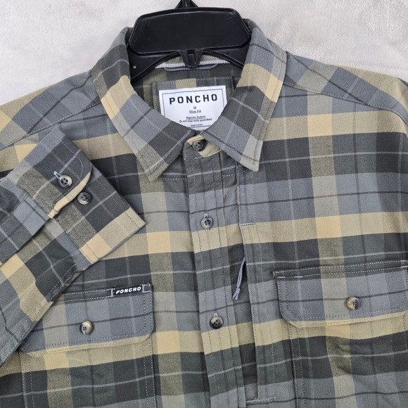Poncho Flannel Shirt Mens Medium Gray Tan Plaid Slim Fit Magnetic Pockets